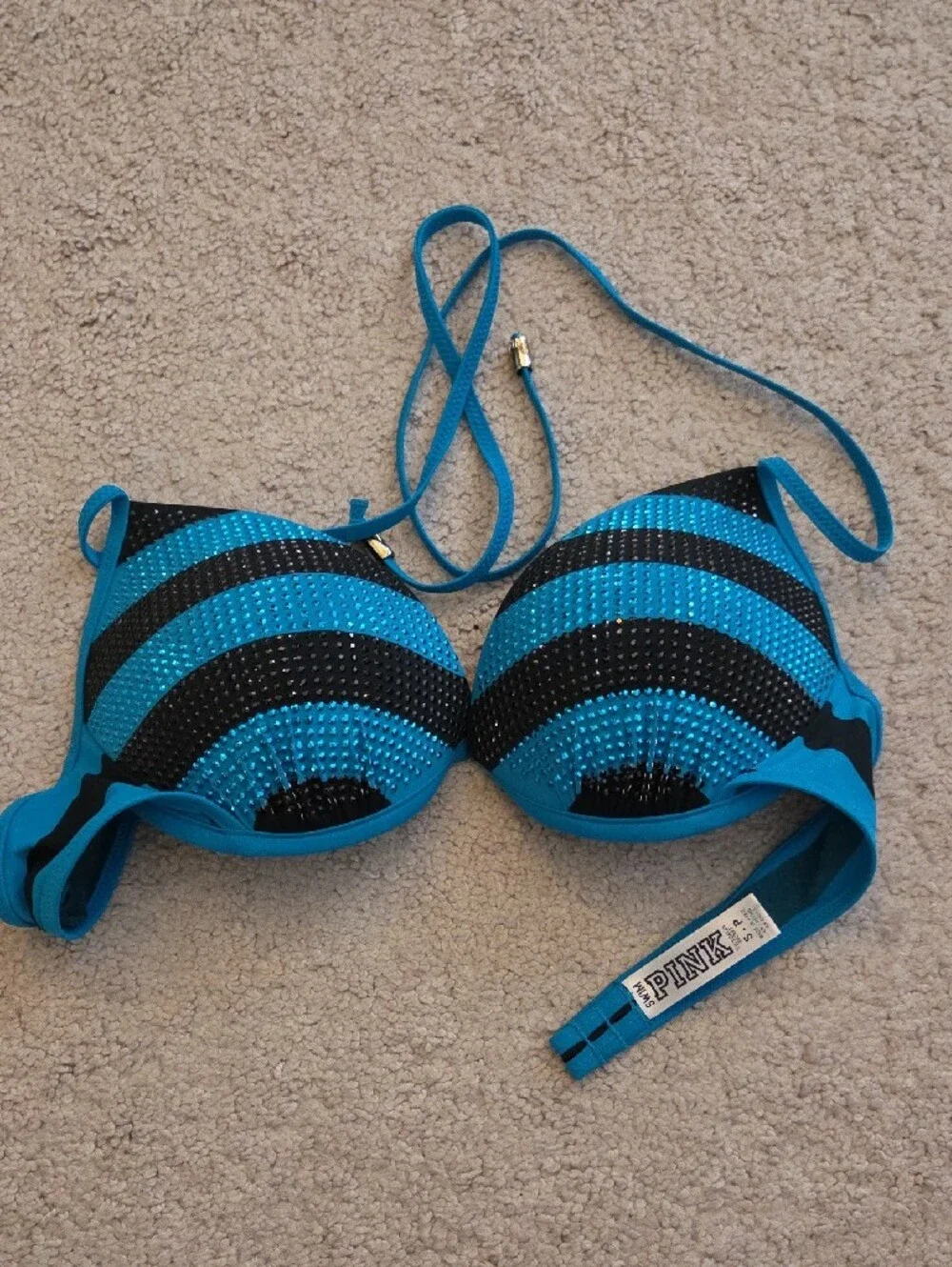 PINK Victoria's Secret Turquoise & Black Striped Rhinestone Push-Up Bikini Set